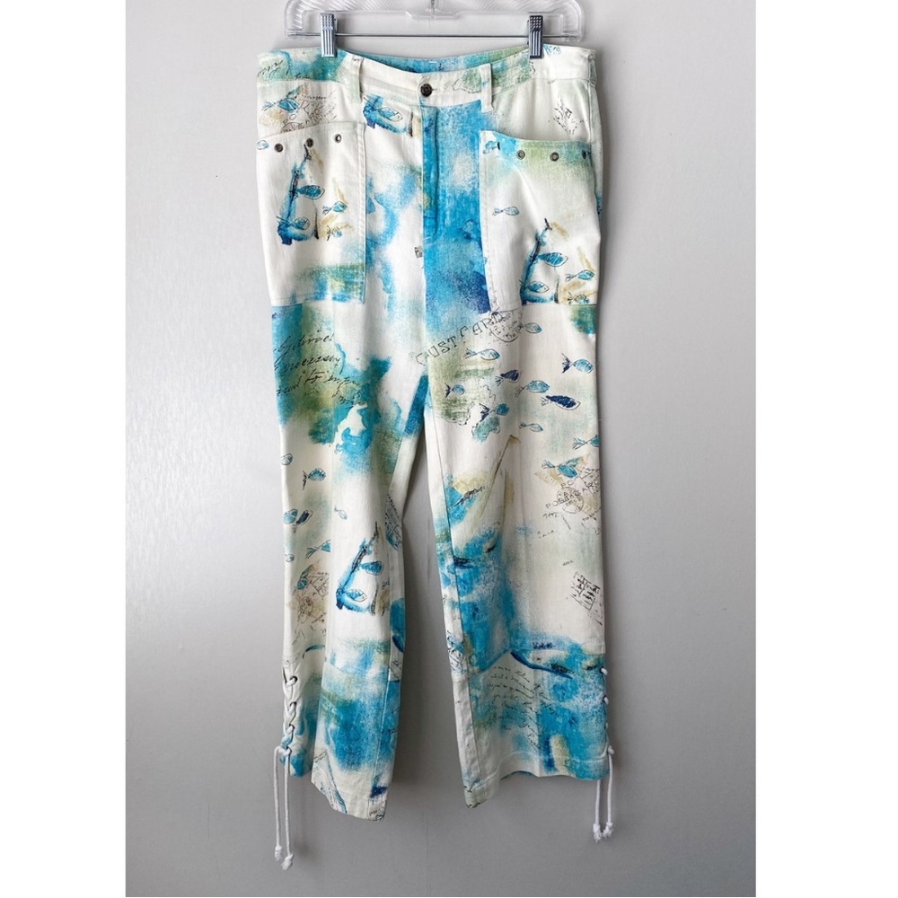 Vintage Artsy Nautical Coastal Print Linen Cotton Pants 10